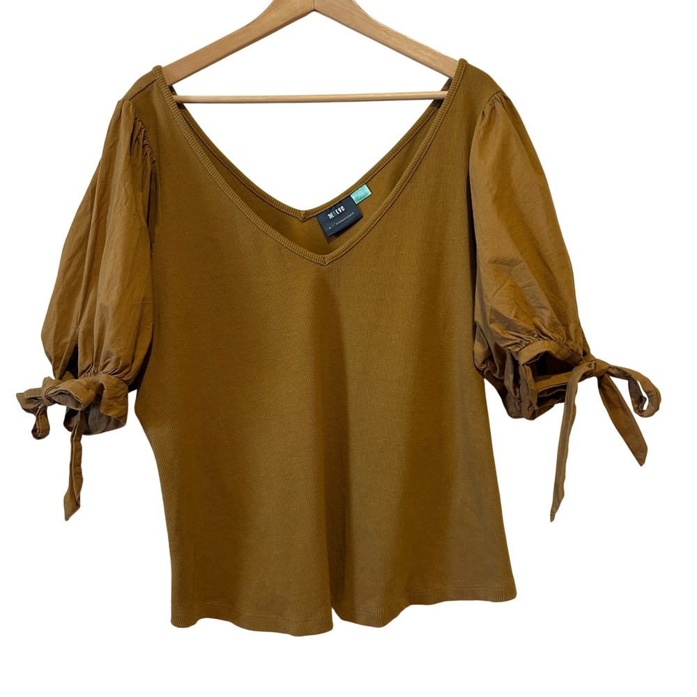 Maeve Boho Top Sz 2X Brown Ribbed V-Neck Puff Tie Sleeves Fall FestivalvPeasant